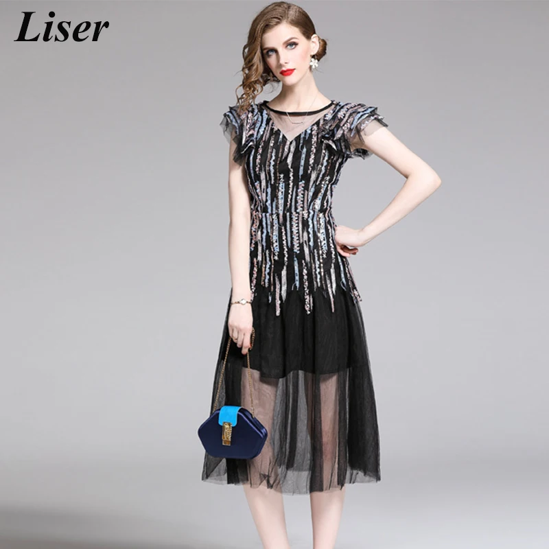 LISER женское летнее платье средней длины 2019 роскошное черное с пайетками вырезами