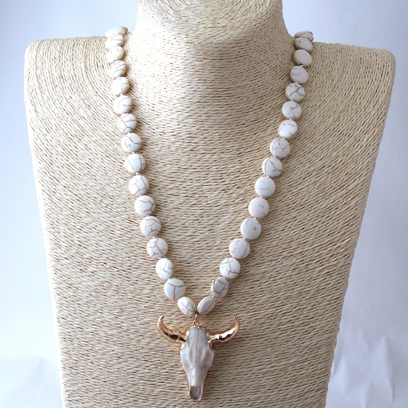 

Free Shipping Fashion Knotted Flat White Stone Horn Pendant Ethnic Necklace Bohemian Tribal Jewelry