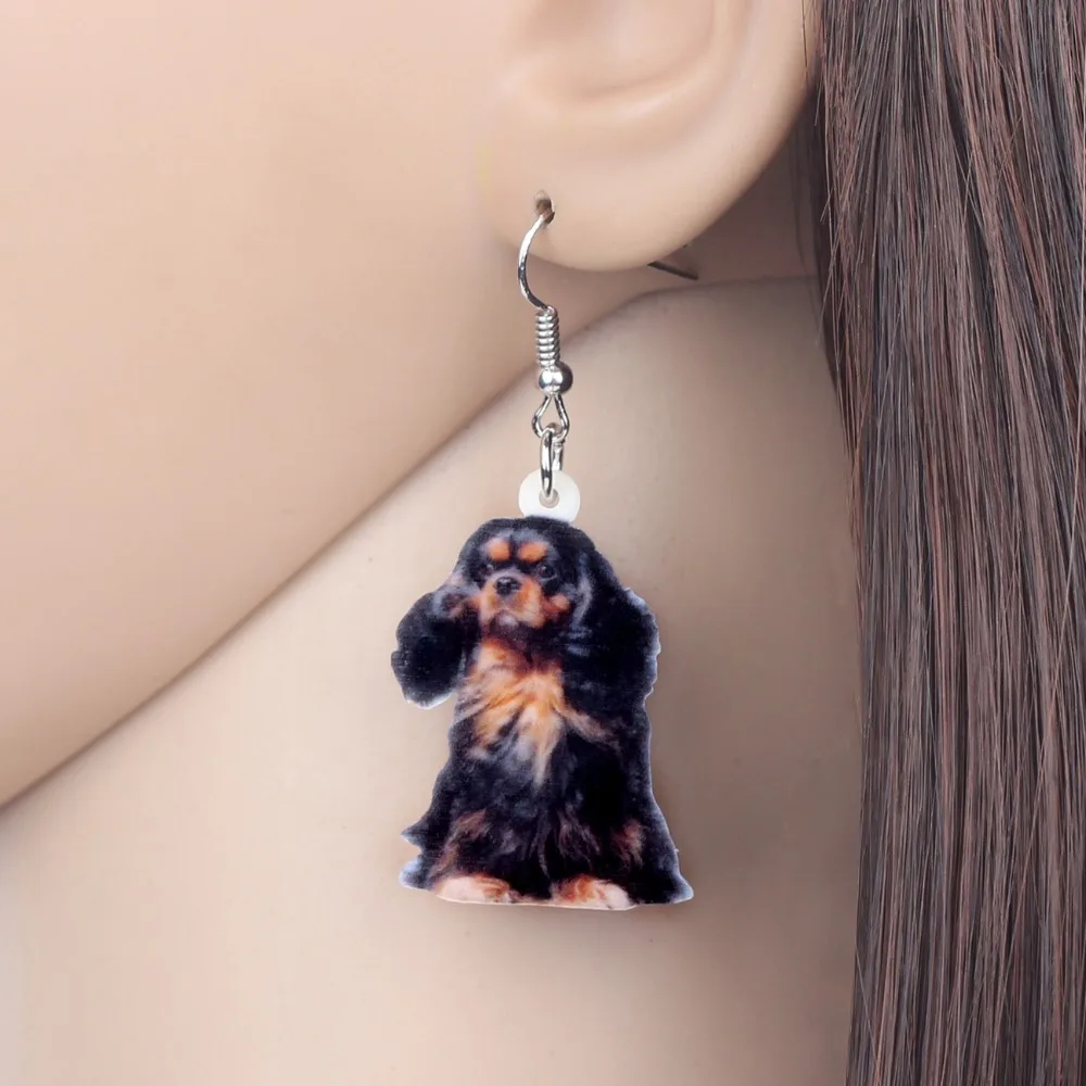 Bonsny Acrylic Black&ampTan King Charles Spaniel Dog Earrings Drop Dangle Unique Animal Jewelry For Women Girls Pet Lovers Gift Hot |