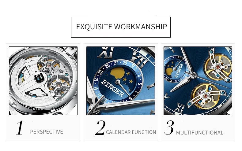 Double tourbillon Luxury Men watch Automatic mechanical Watch BINGER Famous Brand Watch Gold Case Blue Dial Double relogio