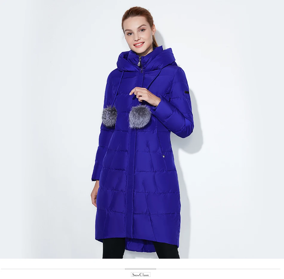 SnowClassic зима длинная куртка женщин теплый пальто мода Preppy Style outwear сплошной толстый куртка передний край лисица меховой воротник