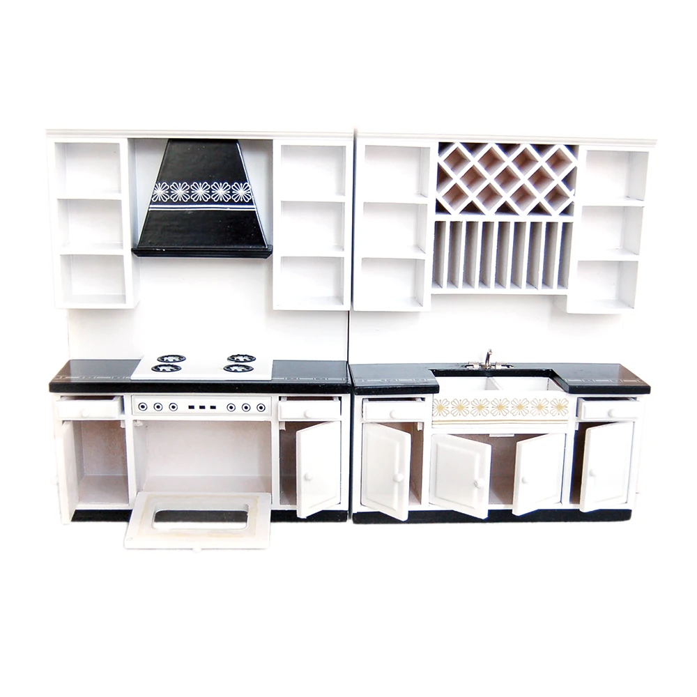 1:12 Dollhouse Miniature Kitchen Cabinets Set Wood Furniture Basin Stove Counter#WD025