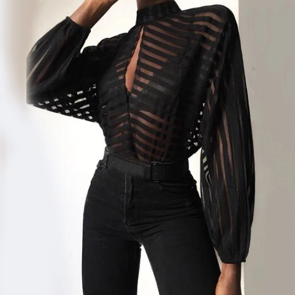 Женская сетчатая блузка в полоску с вырезом замочком спереди Модные прозрачные