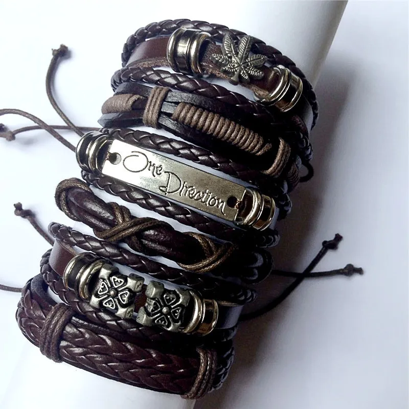 Мужские Многослойные браслеты со звездами винтажные регулируемые из кожи в