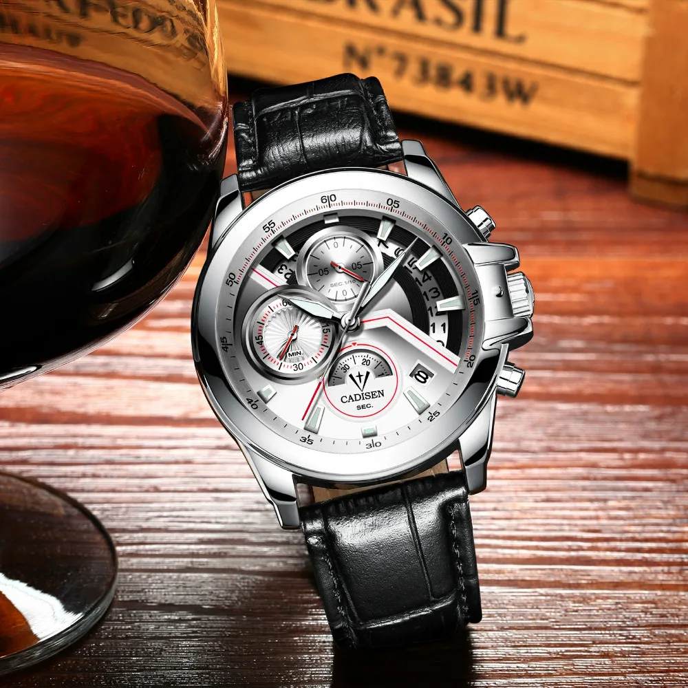Cadisen Пилот Военный Спортивные Мужские кварцевые часы Элитный бренд Кожа гоночный