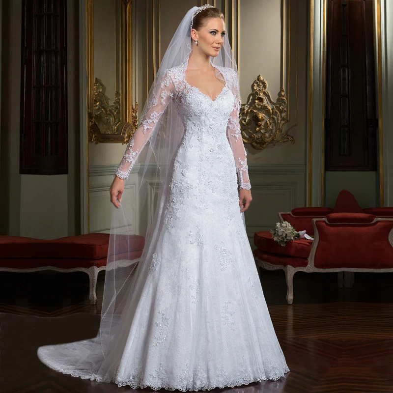 Новая мода 2017 В шеи Свадебные Платья Алина длинные рукава бусы аппликации