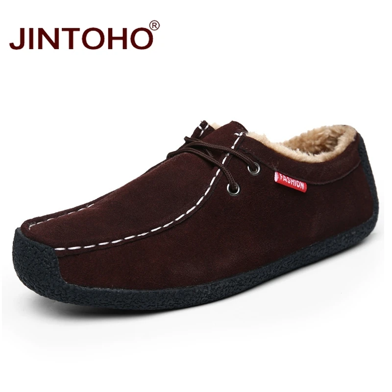JINTOHO/зимняя обувь; брендовая мужская модная повседневная кожаная обувь; плюшевая мужская обувь из натуральной кожи; Кожаные Мокасины; мужская обувь - Цвет: brown