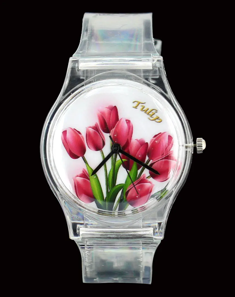 

Rose Flower / Tulip / Butterfly Women Ladies Watches Colorful Color Transparent Band Casual Sport Quartz Wrist Watch