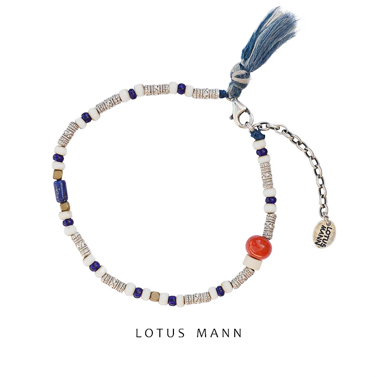 

Lotus Mann Beautiful style fine 925 silver and glass beads small silver beads lapis lazuli tassel bracelet