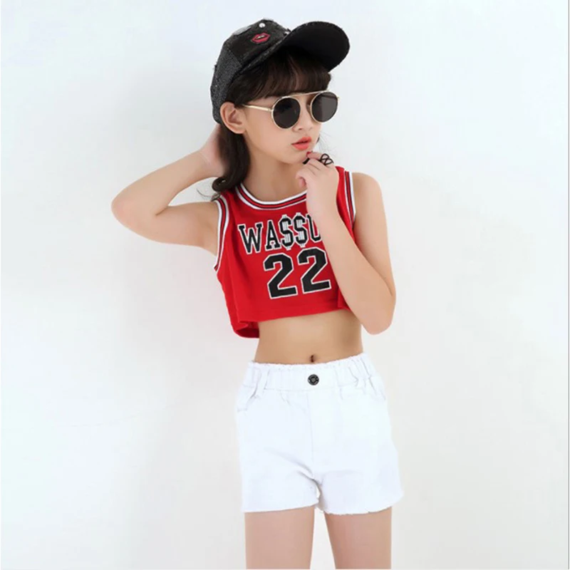 KTLPARTY Дети Девочка red WASSUP хип хоп костюм футболка черные белые брюки Современный