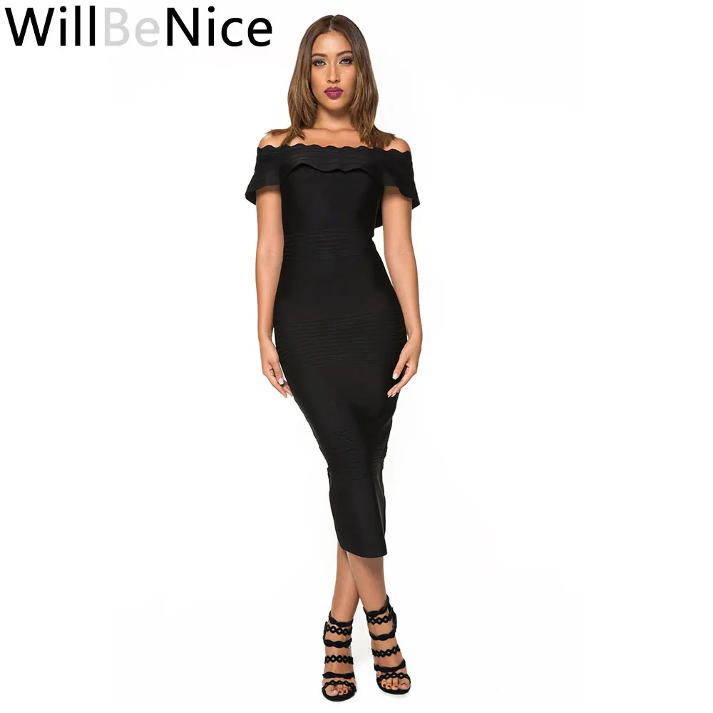 

WillBeNice Black Red Cheap Sexy Women Off Shoulder Bodycon Party Ruffle Bandage Dress Bodycon Woman Party Night Elegance Midi