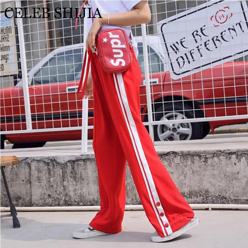 red Женские спортивные брюки, красные, черные, с эластичной резинкой на талии, с пуговицами, уличная одежда, свободные, прямые, длинные штаны, для девушек, лето, Осень, спортивные штаны - Цвет: red