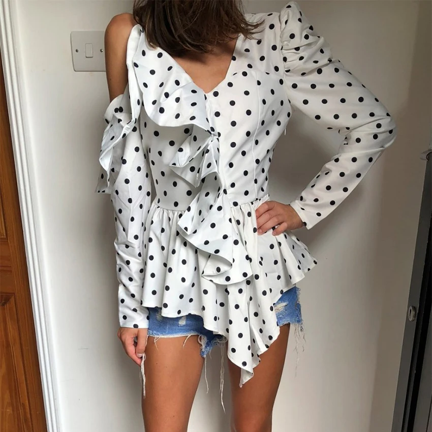 OOTN High Street Black White V Neck One Shoulder Strap Ruffle Polka Dot Blouse 2018 Autumn Winter Puff Sleeve Long |