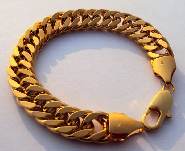 

Heavy MENS 24 K YELLOW SOLID GOLD FINISH THICK MIAMI CUBAN HAND CHAIN BRACELET