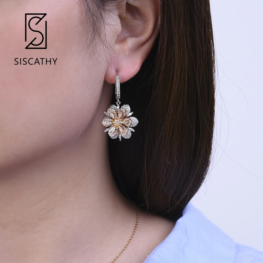 

SISCATHY Popular Flower Pendant Cubic Zirconia Drop Dangle Earrings For Dubai Nigerian Women Bride Wedding Engagement party