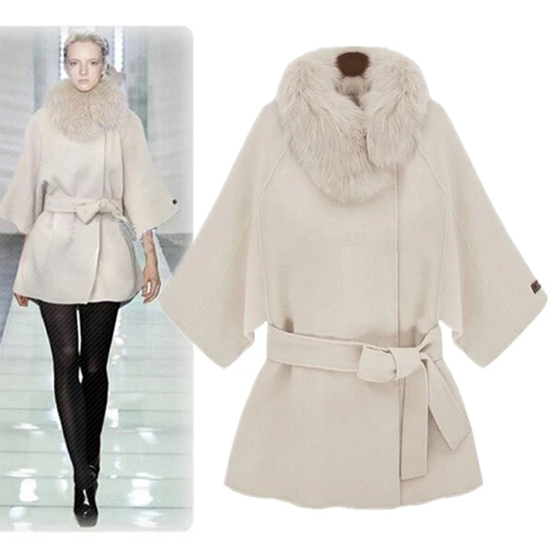 

Savabien Autumn Woolen Coat Women Fashion White 3/4 Sleeve Korean Cape Coat Hooded Elegant Lolita Belted Wool Jacket Streetwear