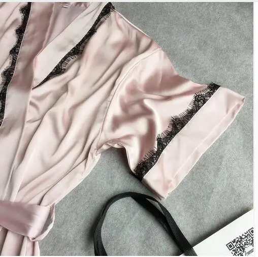 Женское атласное кружевное короткое платье однотонное кимоно банный халат