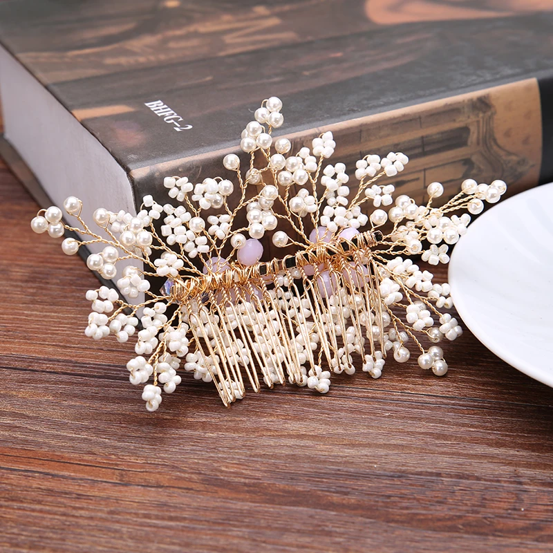 Жемчужная расческа для волос ручной работы с розовыми бусинами и цветами