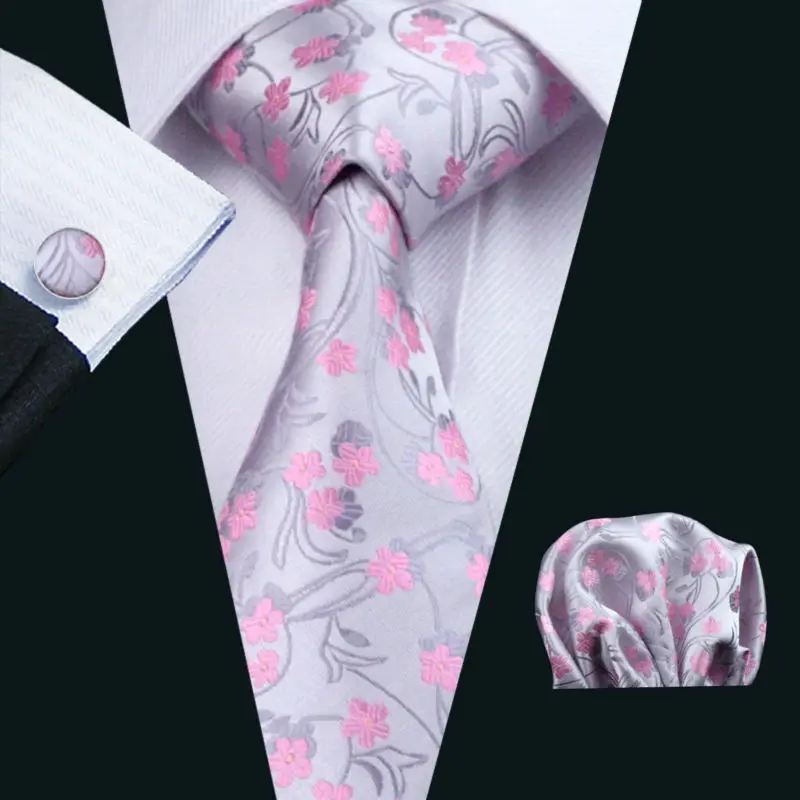 

Men`s Tie Gray&Pink Floral Jacquard Woven 100% Silk Brand Tie Hanky Cufflink Set For Wedding Business Party Free Postage LS-1049