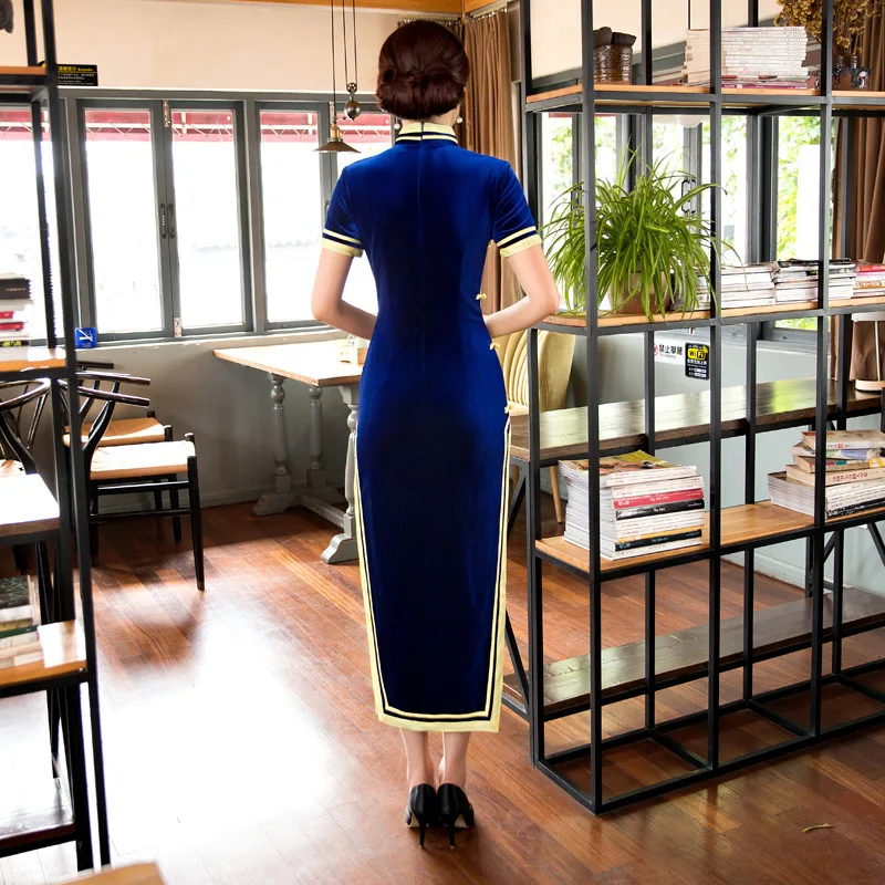 Традиционный китайский женский Чонсам Qipao бархатное платье Восточное однотонное