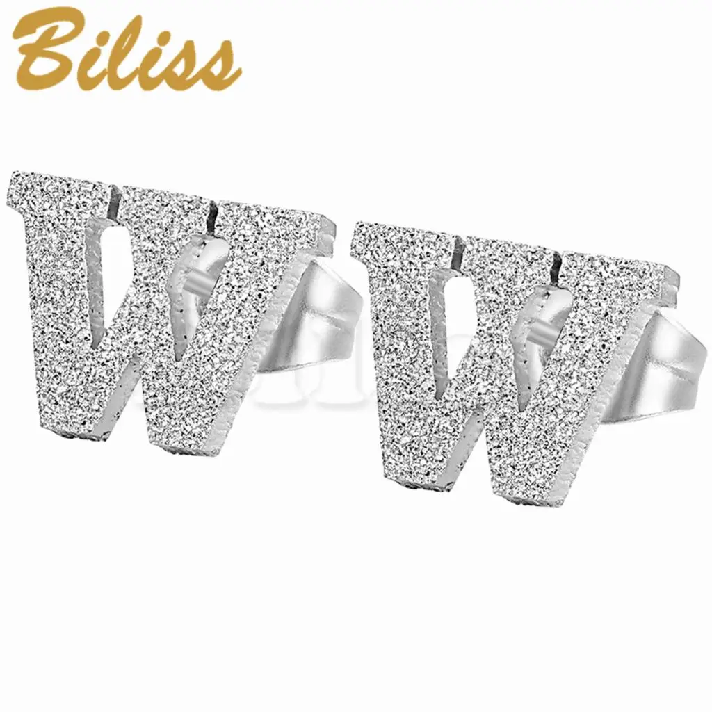 

Fashion Silver Color 26 Letters Charm Frosted Initial Letter Stud Earrings Stainless Steel Women Men Jewelry aretes de mujer