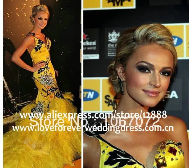 Real Model Yellow One Shoulder Mermaid Feather Celebrity Evening Dress 2012 | Свадьбы и торжества