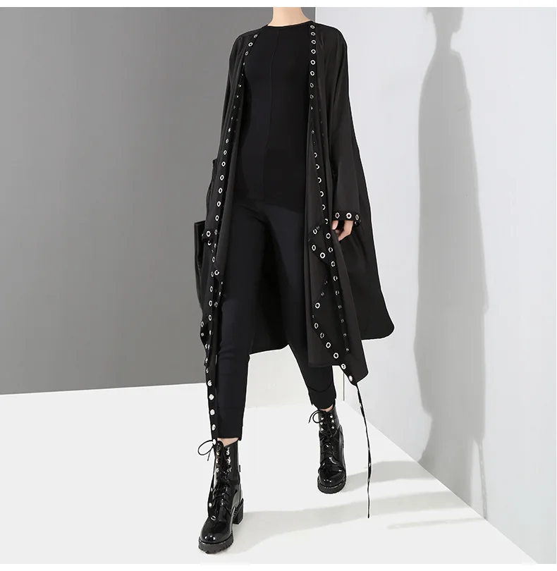 

2021 New Trench Coat Free Shipping Large Size Punk Wind Metal Ring Long Windbreaker Full Wide-waisted Tassel Open Stitch Solid