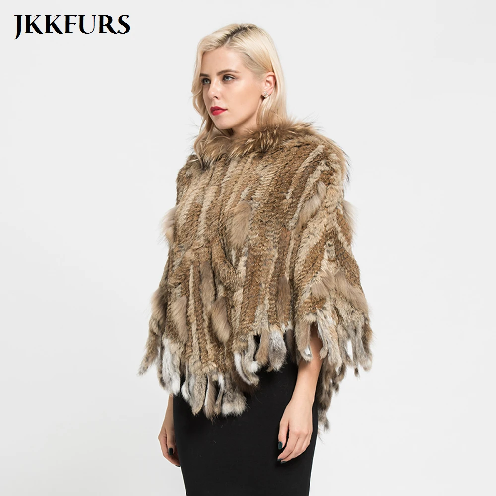 JKKFURS пончо из натурального кроличьего меха женский воротник енота накидки с