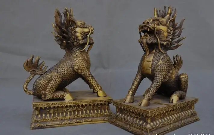 10 &quotКитайский Фэншуй латунный Дракон цилин Кирин Килин Чи-Лин Бог пара статуй