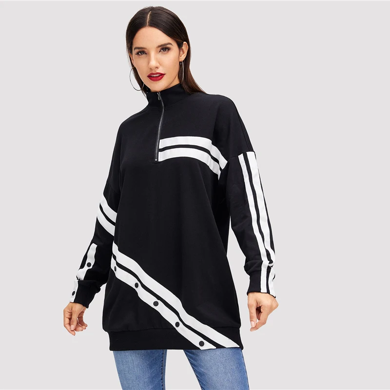 SHEIN Стильный Свитшот С Длинными Рукавами, Длинный Свитшот На Молнии С Пуговицами