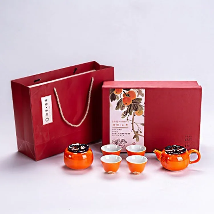 6-piece set Креативный чайный набор хурма, красивый керамический китайский чайный сервиз Кунг-фу, китайская Питьевая утварь чайник с милым декором, высококачественный подарок - Цвет: 6-piece set