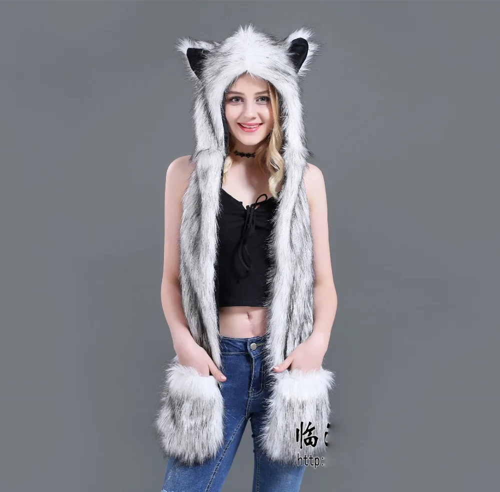 Качество Crazy Fox Драгоценный искусственный мех капюшон Huskie животных шапка с ушками и ручными карманами 3 в 1 Функция