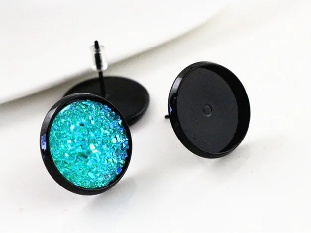 14mm 20pcs/Lot Black Colors Plated Earring Studs Earrings Blank/Base Fit Glass Cabochons setting-M4-22 | Украшения и аксессуары