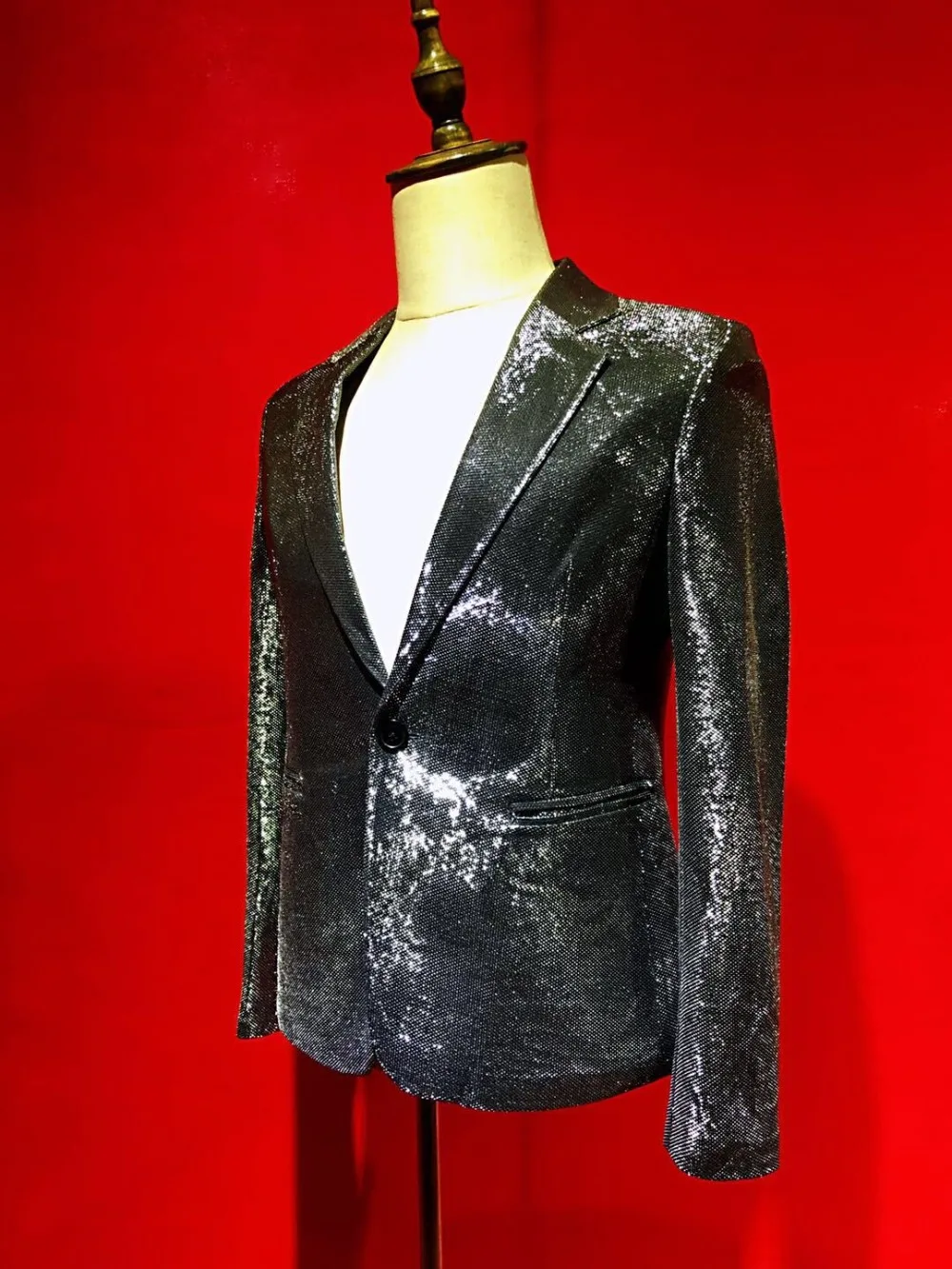 

Sparkly Black Full Sequins Slim Men's Suit Jacket Male Singer Dance Bar Prom Party Host Wear Bright Blazer Costume Outfit