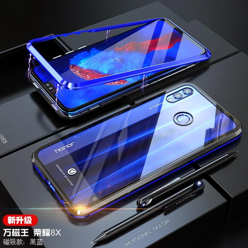Магнитный чехол для Honor 8X из прозрачного закаленного стекла и алюминиевого