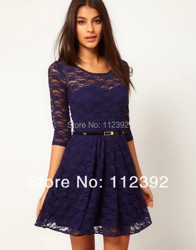 2014 Autumn Winter Hot Women Fashion Lace Casual Dress Half Sleeve Elegant One-piece dress Woman With Belts High Street | Женская одежда