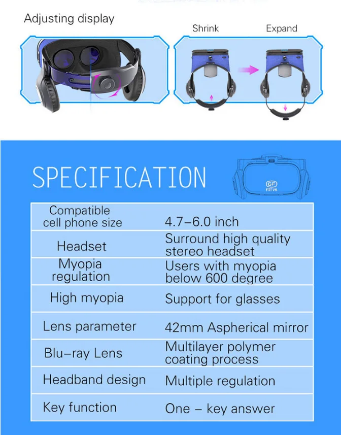 FIITVR 6F 3D VR очки виртуальной реальности Гарнитура коробка виртуальной реальности с поддержкой гарнитуры 4,7-6,0 дюймов телефон