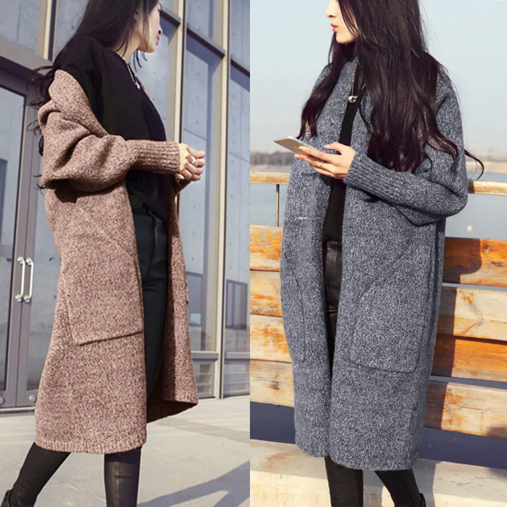 

New vogue Women Auttumn Winter Long Sleeve Oversized Fashion Knitted Sweater Korean Slim Pocket Loose Cardigan Outwear Coat