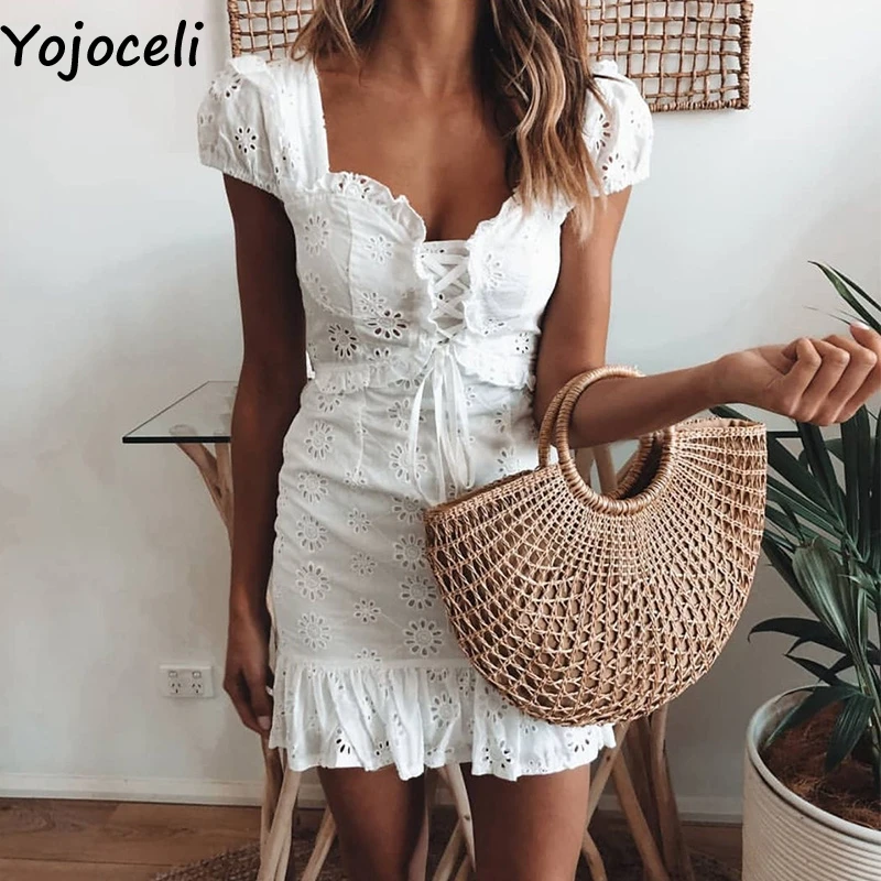 Элегантное кружевное Цветочное платье Yojoceli с оборками женское летнее короткое