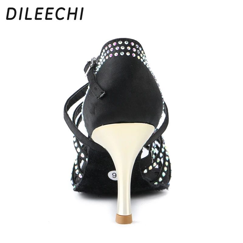DILEECHI туфли для латиноамериканских танцев разы черные атласные Золотые женские