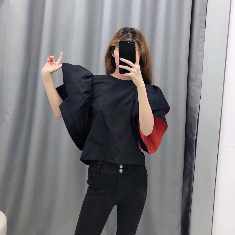 Flabbit новые женские черные блузки с круглым вырезом и расклешенными рукавами