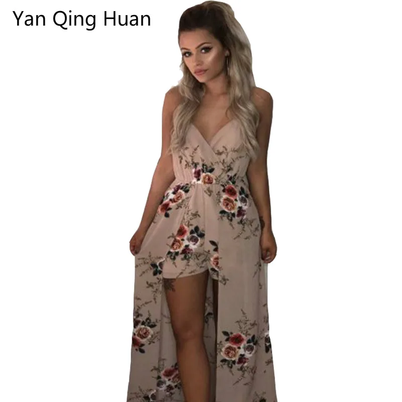

Yan Qinghuan Bohemian Sling Sexy Halter Beach Dress V-neck Irregular Floral Print Summer Waist Fashion Ladies Dress