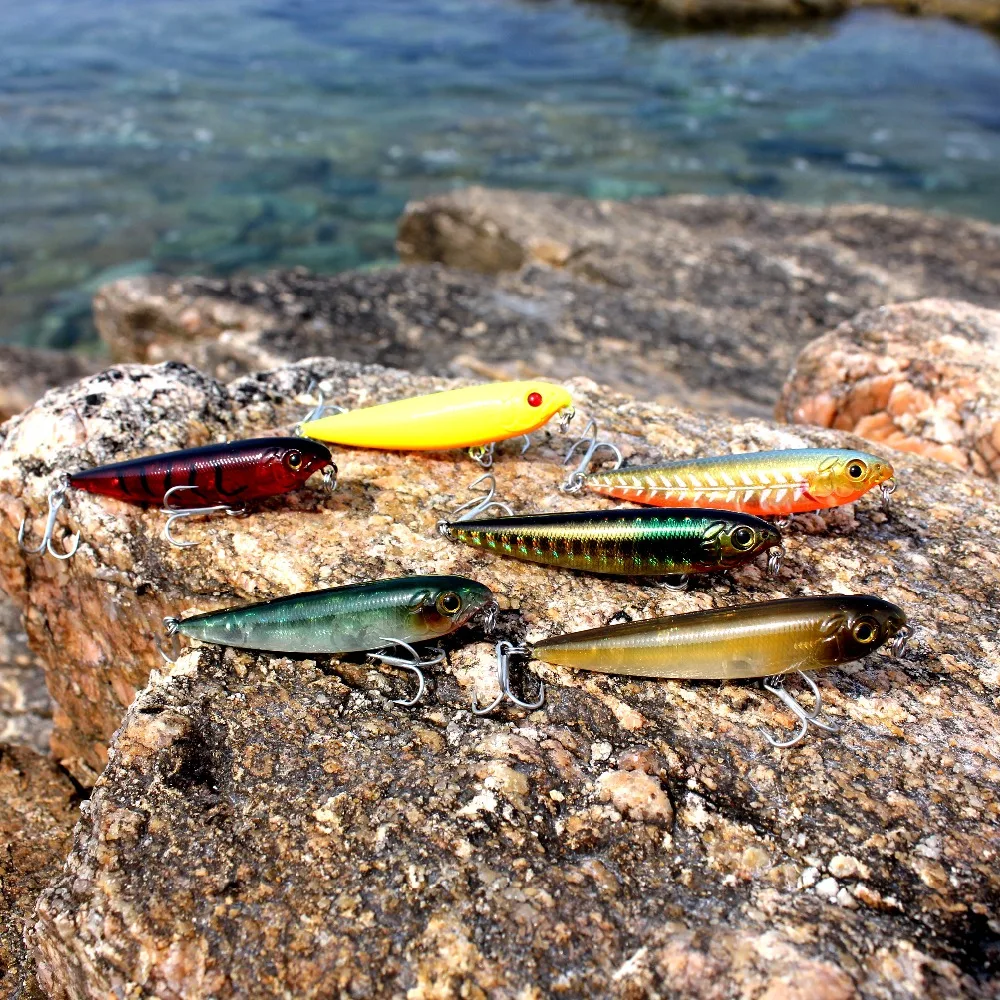 AOCLU Wobblers Super Quality 5 Colors 60mm 105mm Wencil Hard Bait Popper Stick Fishing Lures Bass Fresh Salt Water 10# VMC Hooks