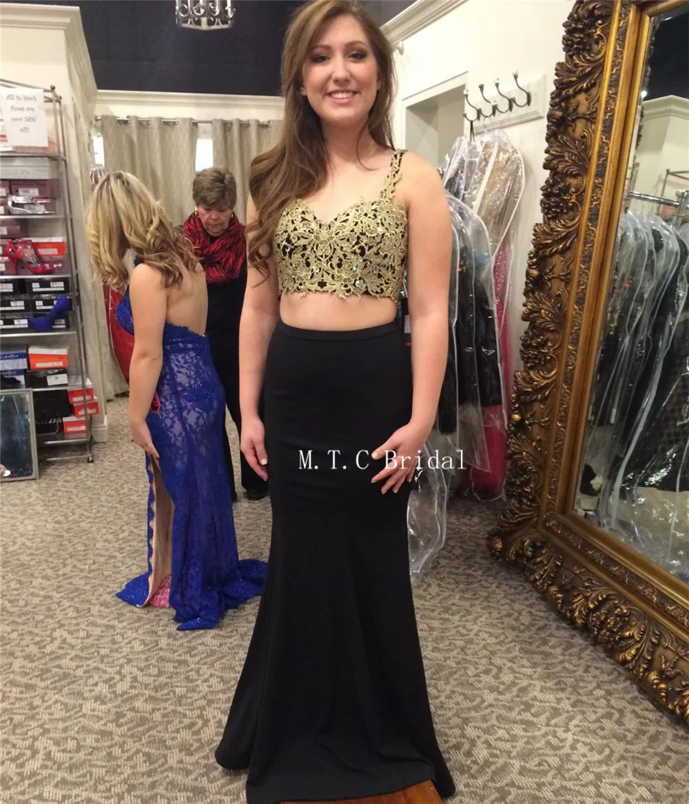 

2 Piece Black Prom Dresses Gold Lace Sweetheart Spaghetti Strap Mermaid Long Evening Gown 2019 Cheap Wedding Party Women Dress