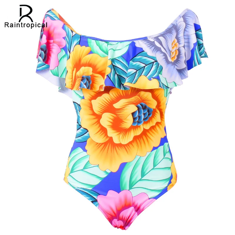 2017 Цельный купальник с открытыми плечами цветочный женский оборками сексуальный