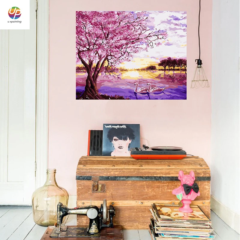 Frameless Digital Painting By Numbers purple tree lake swan Scene Acrylic Paint Modern Wall Art Canvas Home Deco Deal | Дом и сад