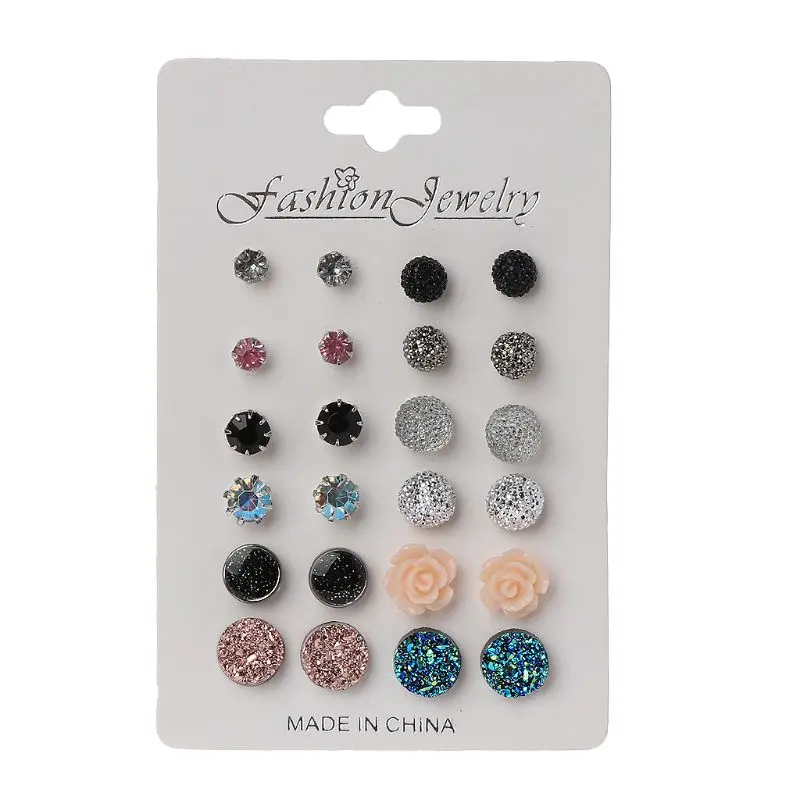 12 Pairs Assorted Crystals Druzy Stone Resin Round Stud Earrings Set Women | Украшения и аксессуары