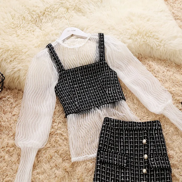 New round neck lantern sleeves knit lace shirt wool vest woolen Fashion Clothes Plaid Ladies bag hip skirt three-piece suit | Женская