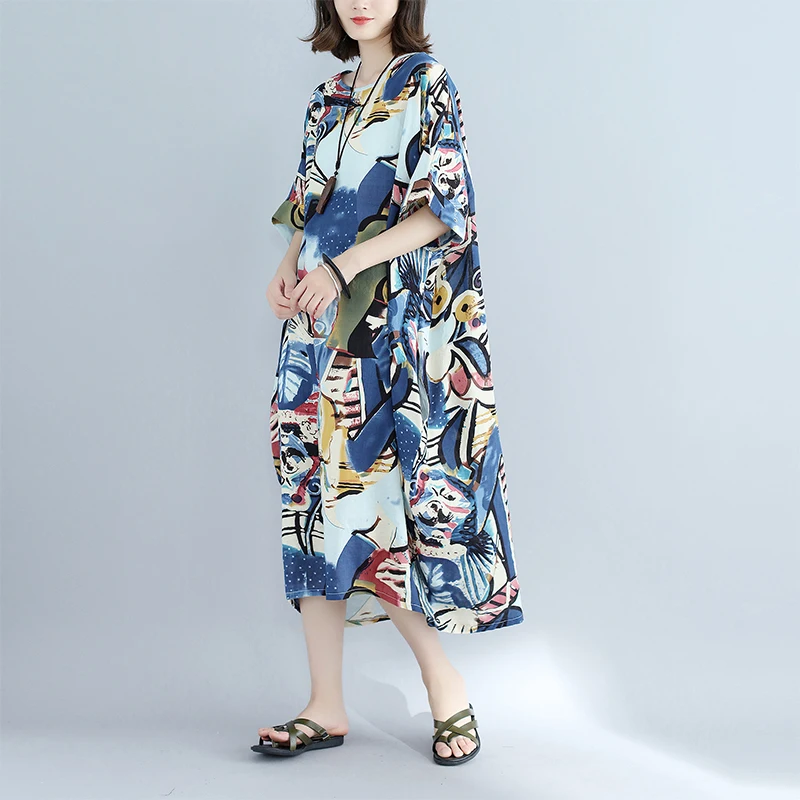 Lagenlook/хлопковый и льняной джемпер прямое платье с граффити летние платья