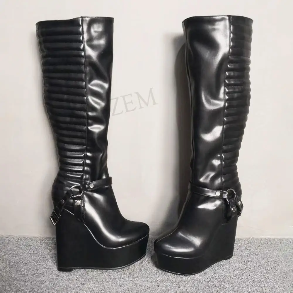 

LAIGZEM FASHION Knee High Women's Boots Side Zip Wedge Heels Winter Boots PUNK Shoes Woman Botines Mujer Large Size 34-47